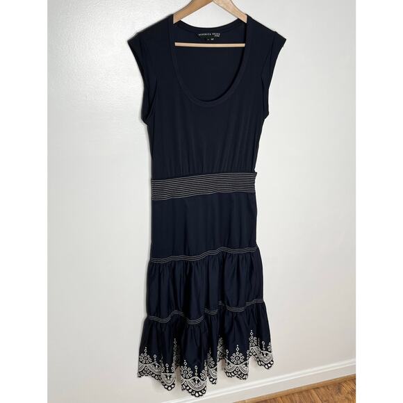 Veronica Beard Amaia Eyelet Midi Dress XS Navy Tiered Embroidered Floral Cotton - Picture 4 of 12